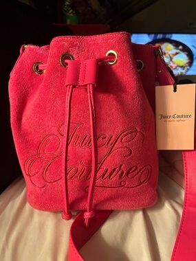 Juicy Couture Hot Pink Suede Drawstring Bucket Crossbody